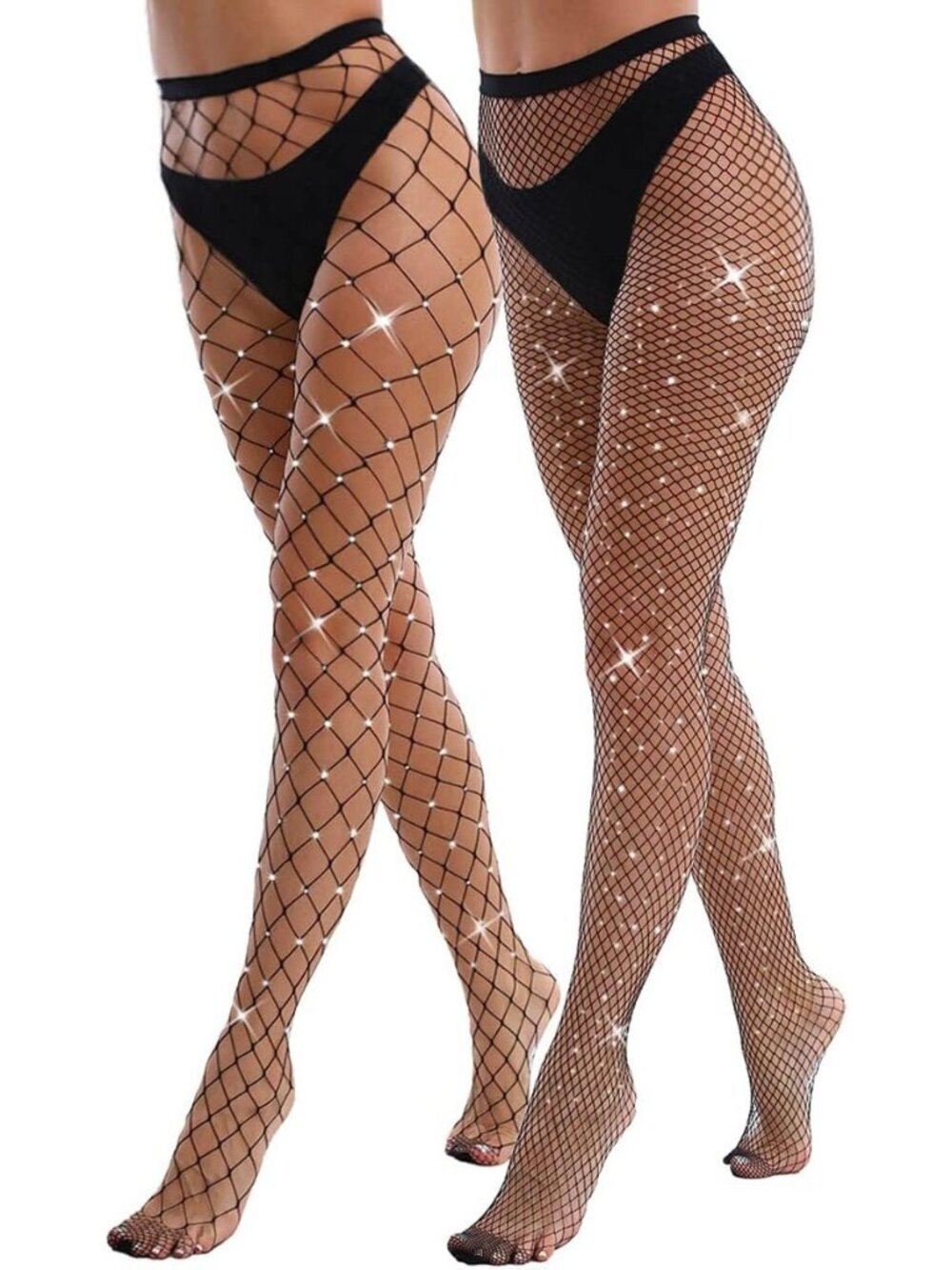 Women's Black 2 Pack Sparkly Glitter Rhinestone Mesh Fishnet Stockings Tights